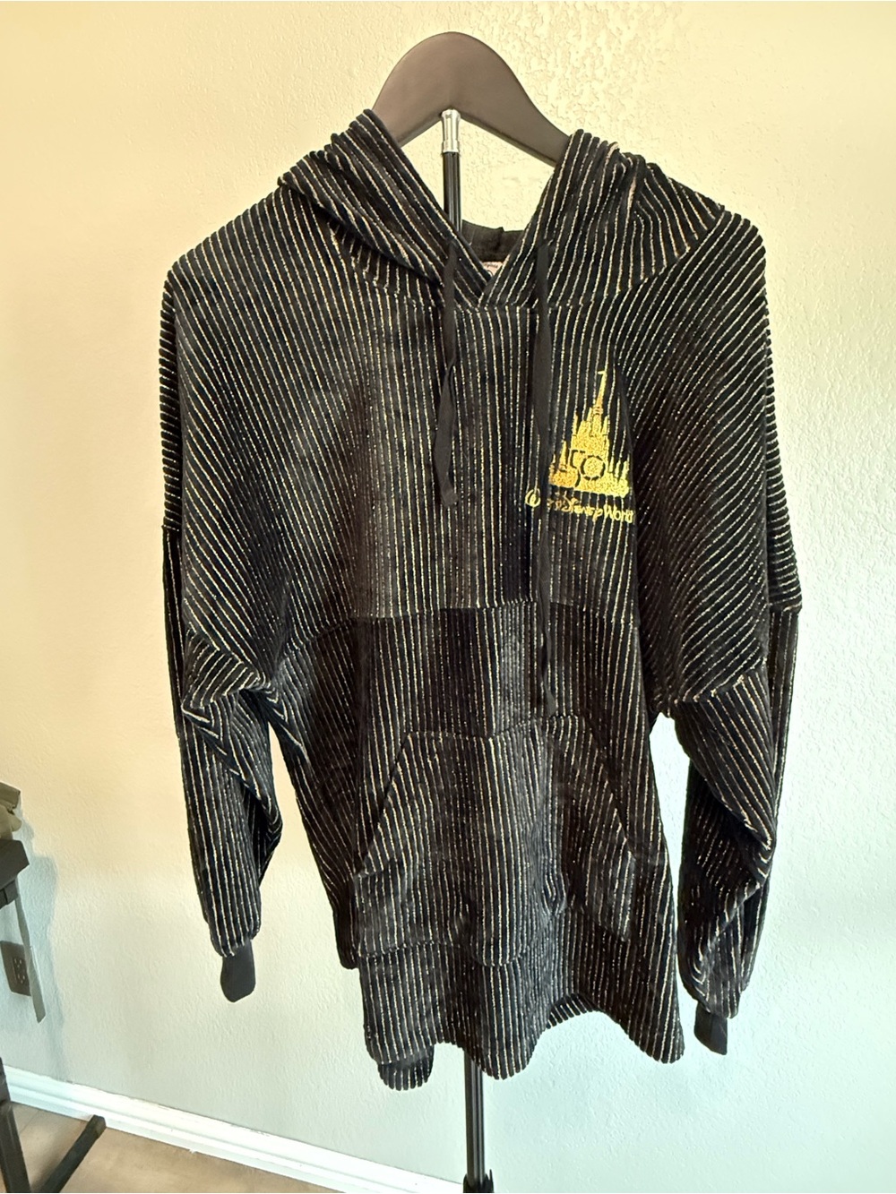 50th Anniversary Disney Black Striped Crewneck Hoodie with Gold Castle Logo